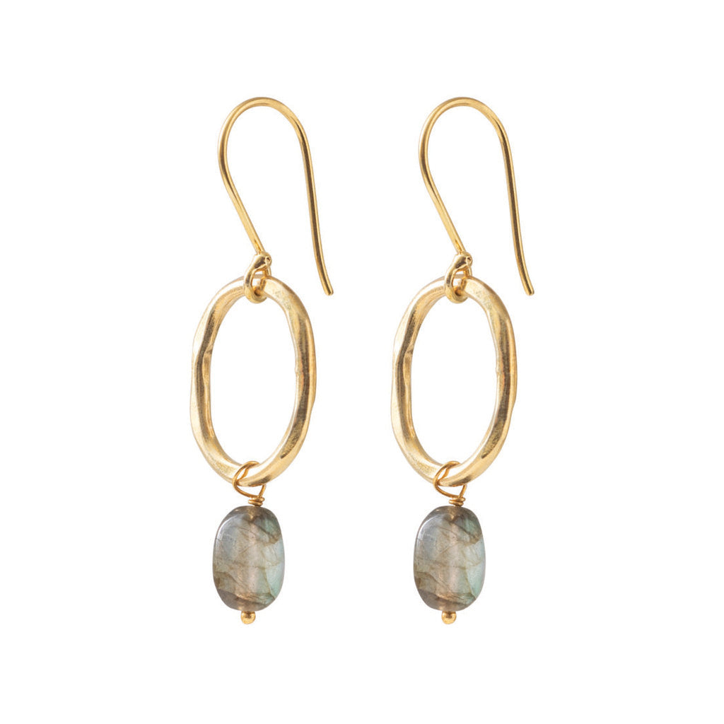 Labradorite Gemstone Gold Plated Earrings – Round Designer Leaf Shape, Handmade Grey Stone Earrings For Women, Gift For Her