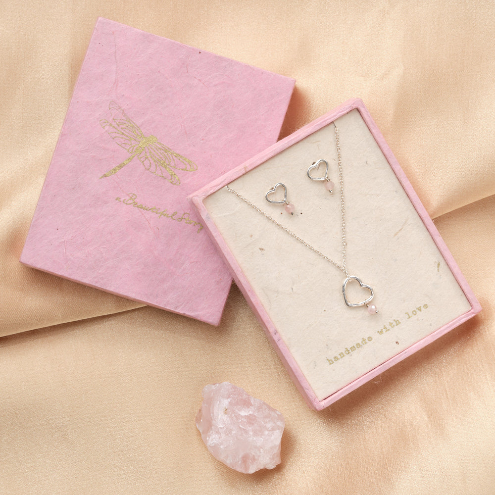 Geschenkset Open Heart Rosenquarz versilbert