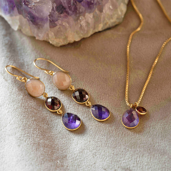 Granted Peach Moonstone Garnet Amethyst Earrings